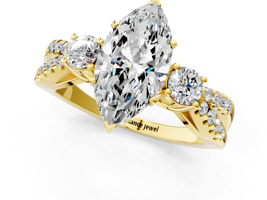 Yellow gold Marquise Three-Stone Diamond Ring with Pavé Split Shank and Four-Prong Setting