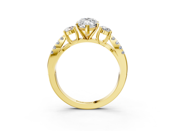 Yellow gold Marquise Cut Diamond Three-Stone Ring with Pavé Split Shank and Four-Prong Setting
