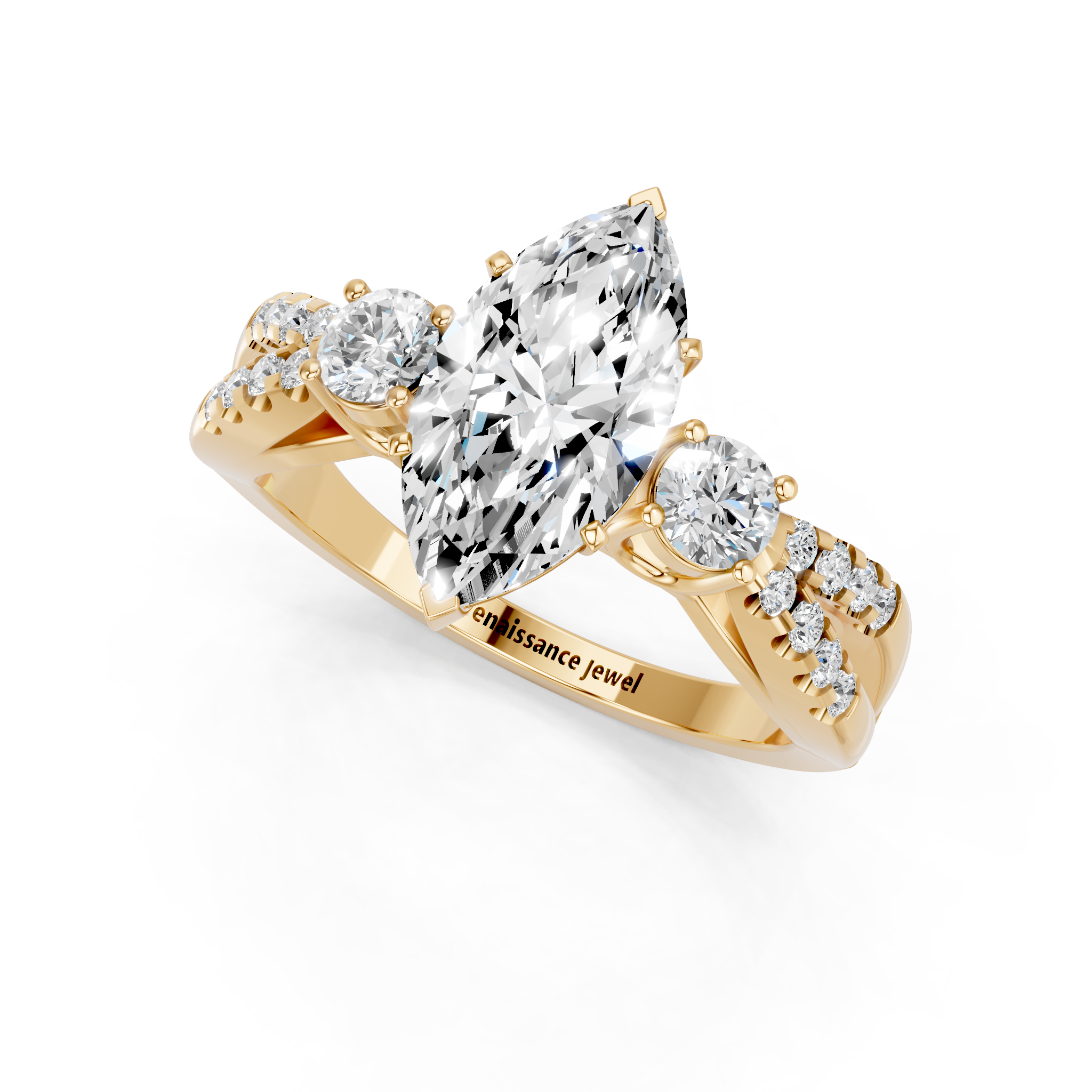 Yellow gold Marquise Three-Stone Diamond Ring with Pavé Split Shank and Four-Prong Setting_7