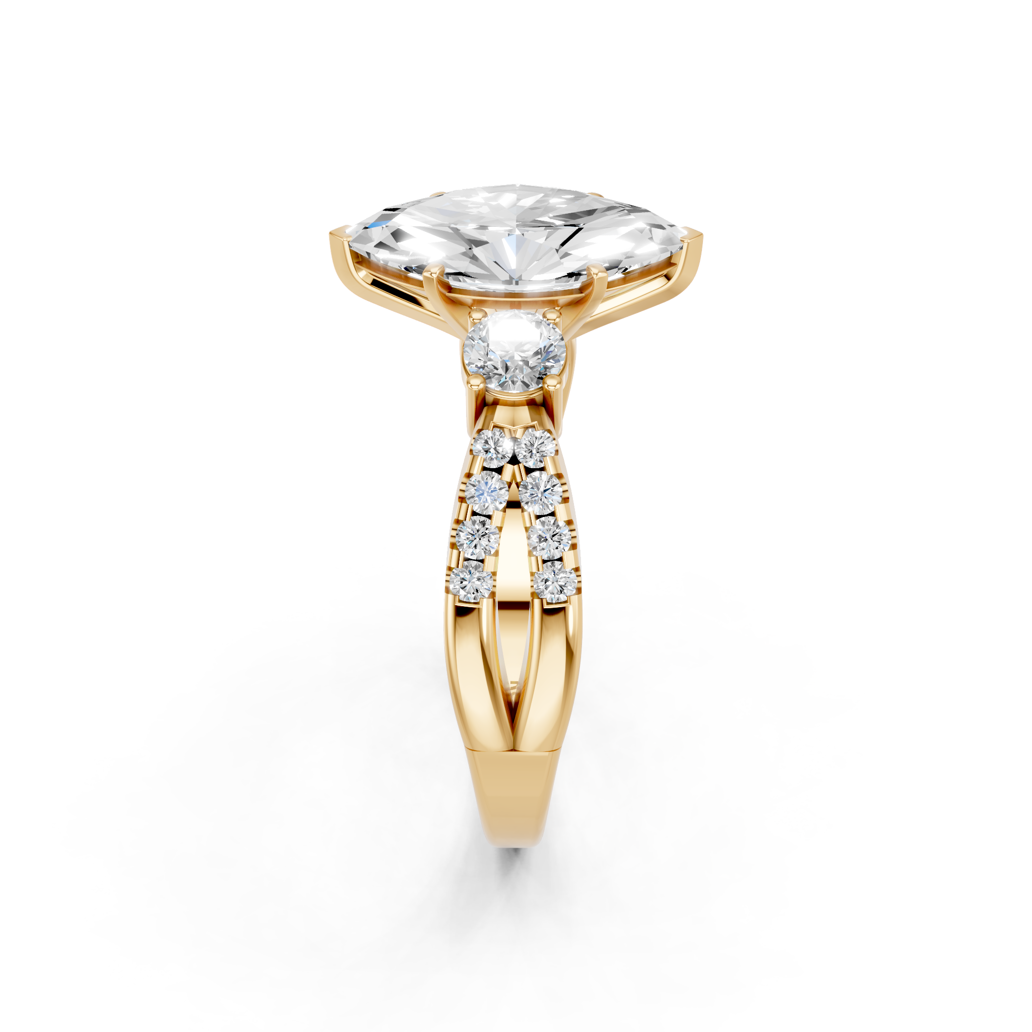 Yellow gold Marquise Three-Stone Diamond Ring with Pavé Split Shank and Four-Prong Setting_8