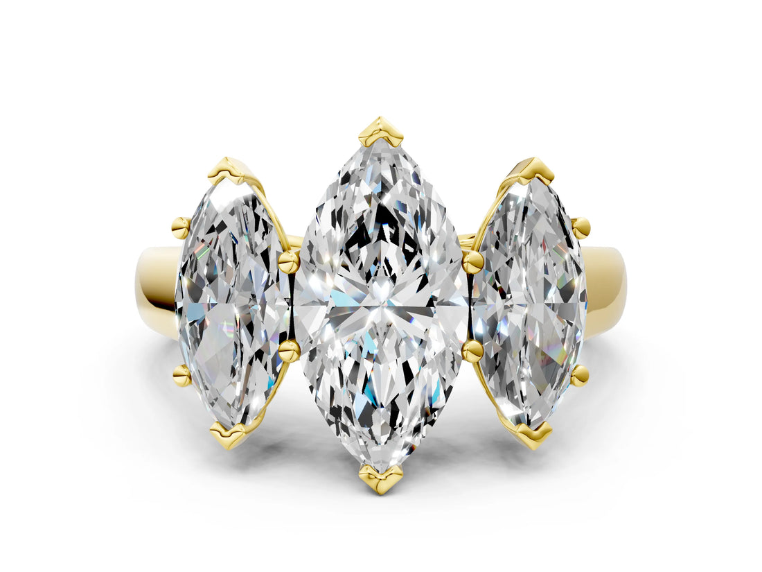 Yellow gold Marquise Three-Stone Diamond Ring with Prong Setting on a Classic Band_15