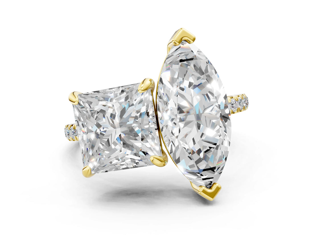 Yellow gold Marquise and Princess Toi Moi Ring with Prong Setting and Micro Pave Band