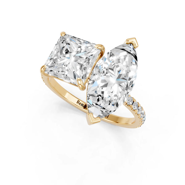 Yellow gold Marquise and Princess Toi Moi Ring with Prong Setting and Pave Band