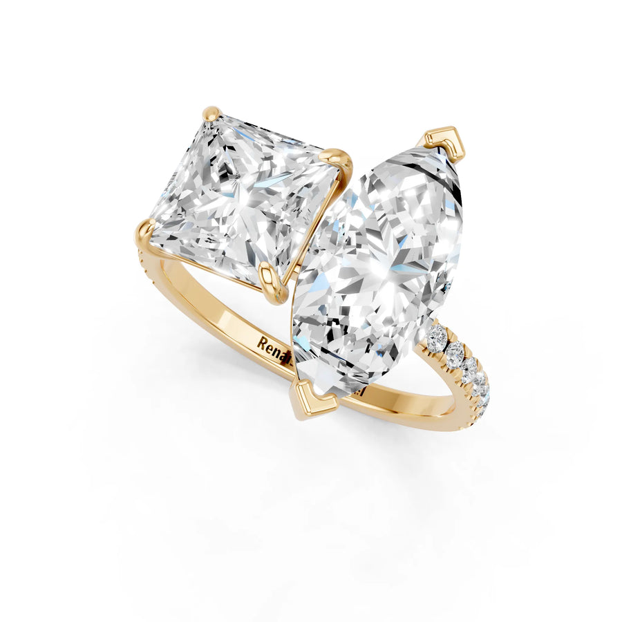 Yellow gold Marquise and Princess Toi Moi Ring with Prong Setting and Pave Band