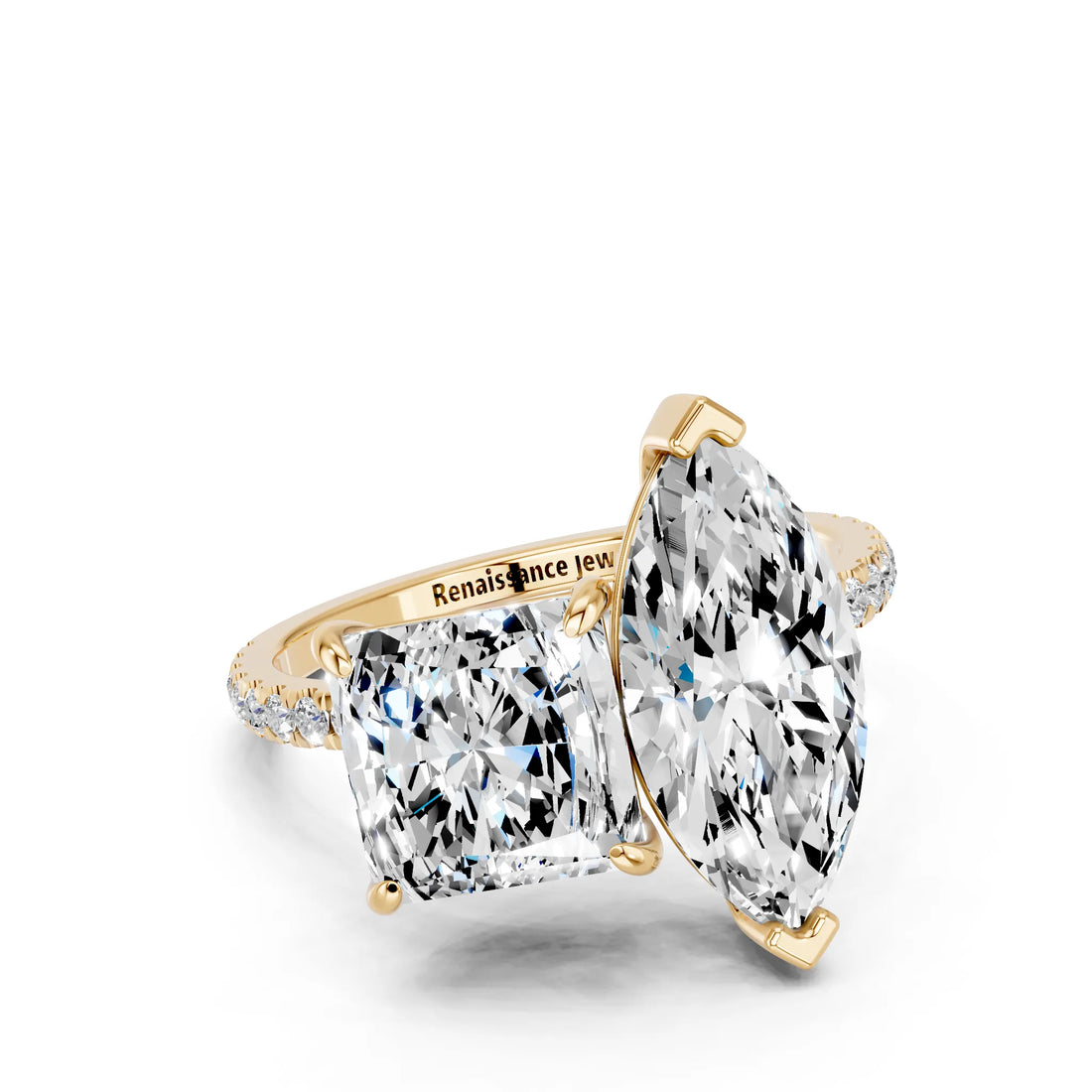 Yellow gold Marquise and Princess Toi Moi Ring with Prong Setting and Pave Band