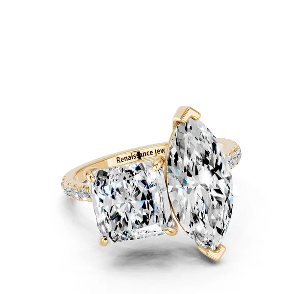 Yellow gold Marquise and Princess Toi Moi Ring with Prong Setting and Pave Band