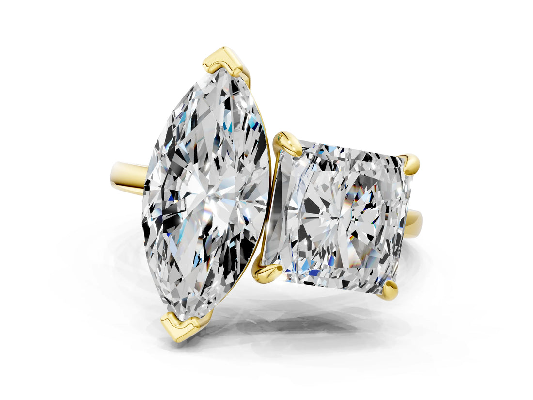 Yellow gold Marquise and Princess Toi Moi Ring with Prong Setting and Plain Band