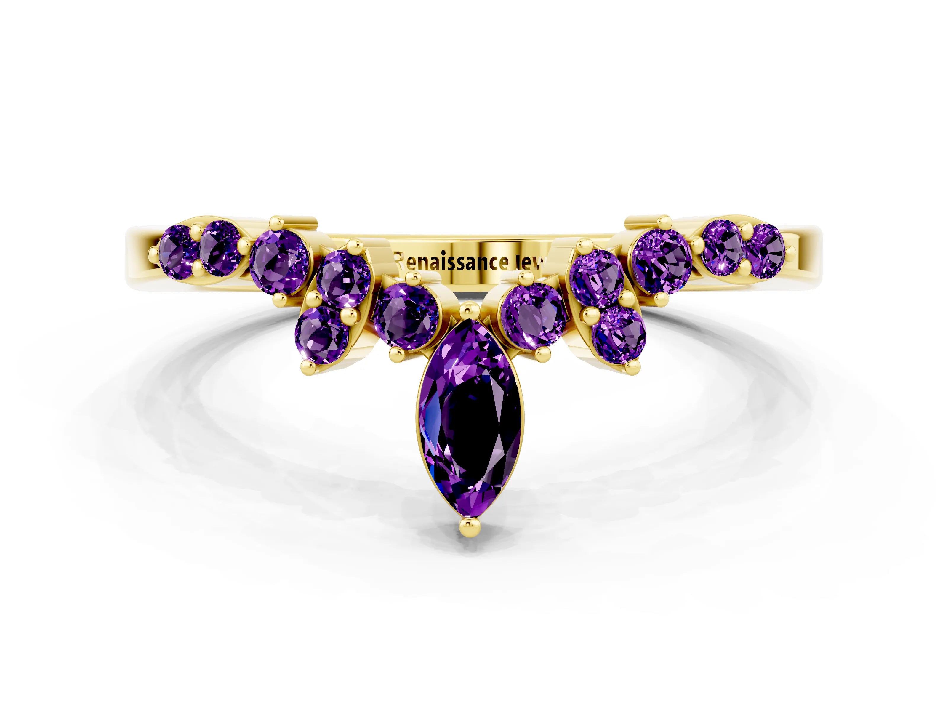 Yellow gold Marquise and Round Amethyst Chevron Band with Prong Setting_6