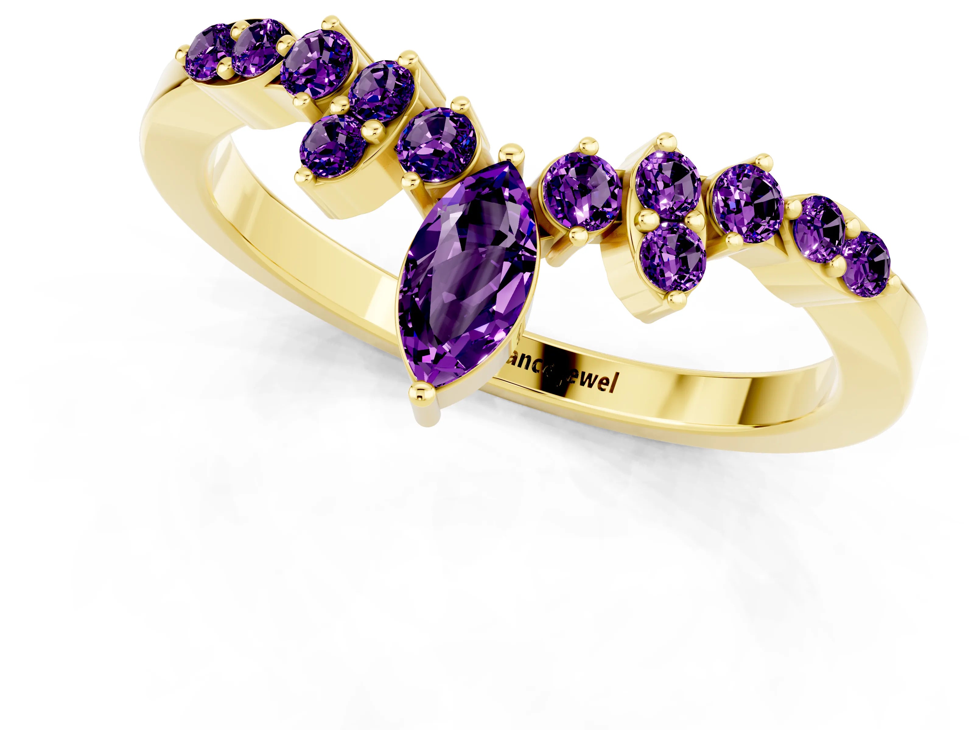 Yellow gold Marquise and Round Amethyst Chevron Band with Prong Setting_7
