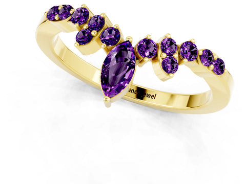 Yellow gold Marquise and Round Amethyst Chevron Band with Prong Setting_7