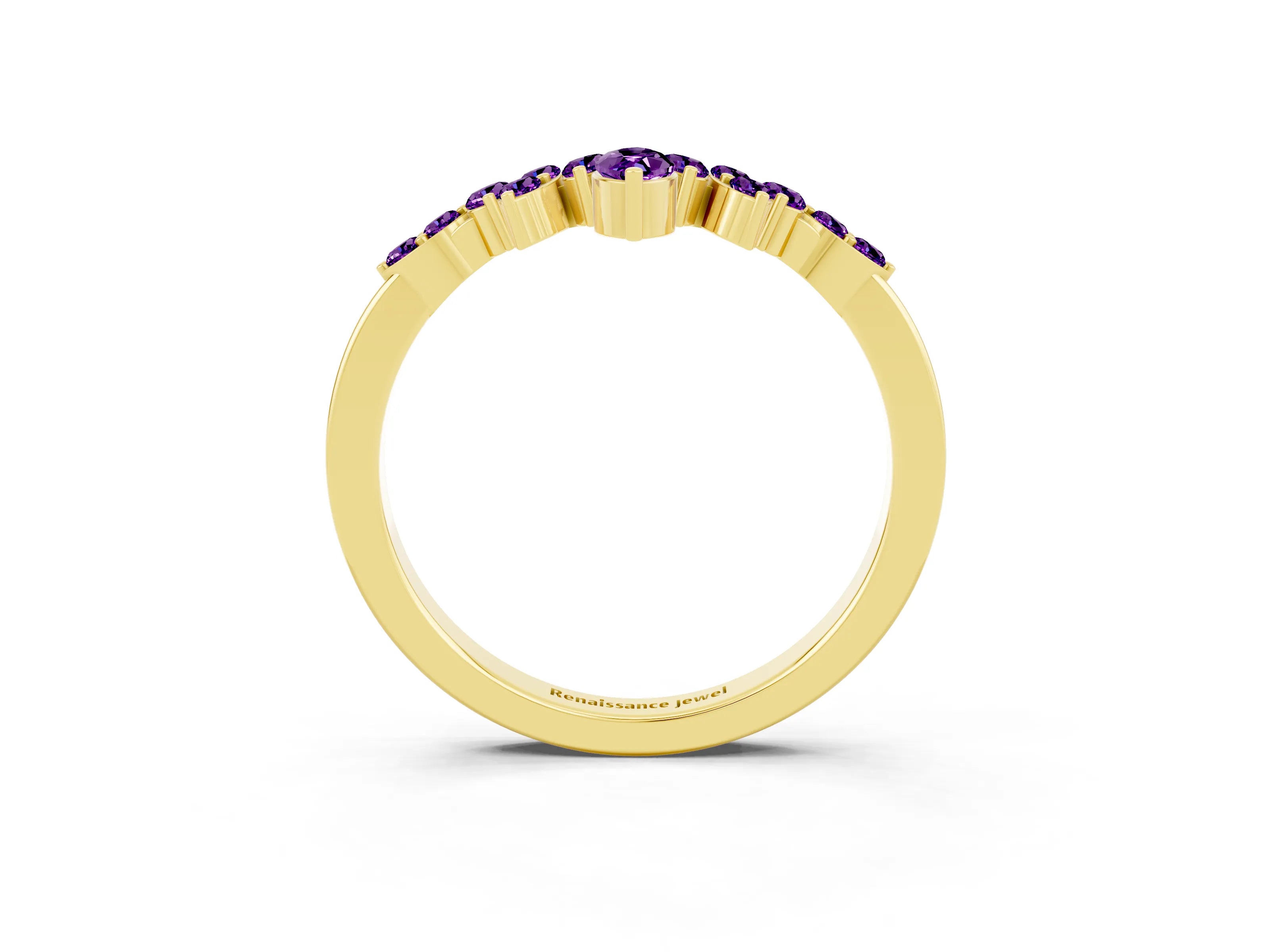 Yellow gold Marquise and Round Amethyst Chevron Band with Prong Setting_9