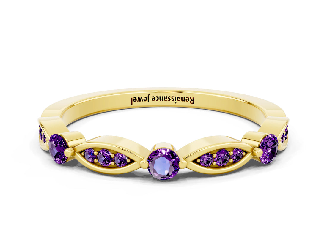 Yellow gold Marquise and Round Amethyst Milgrain Band with Bezel Setting_6