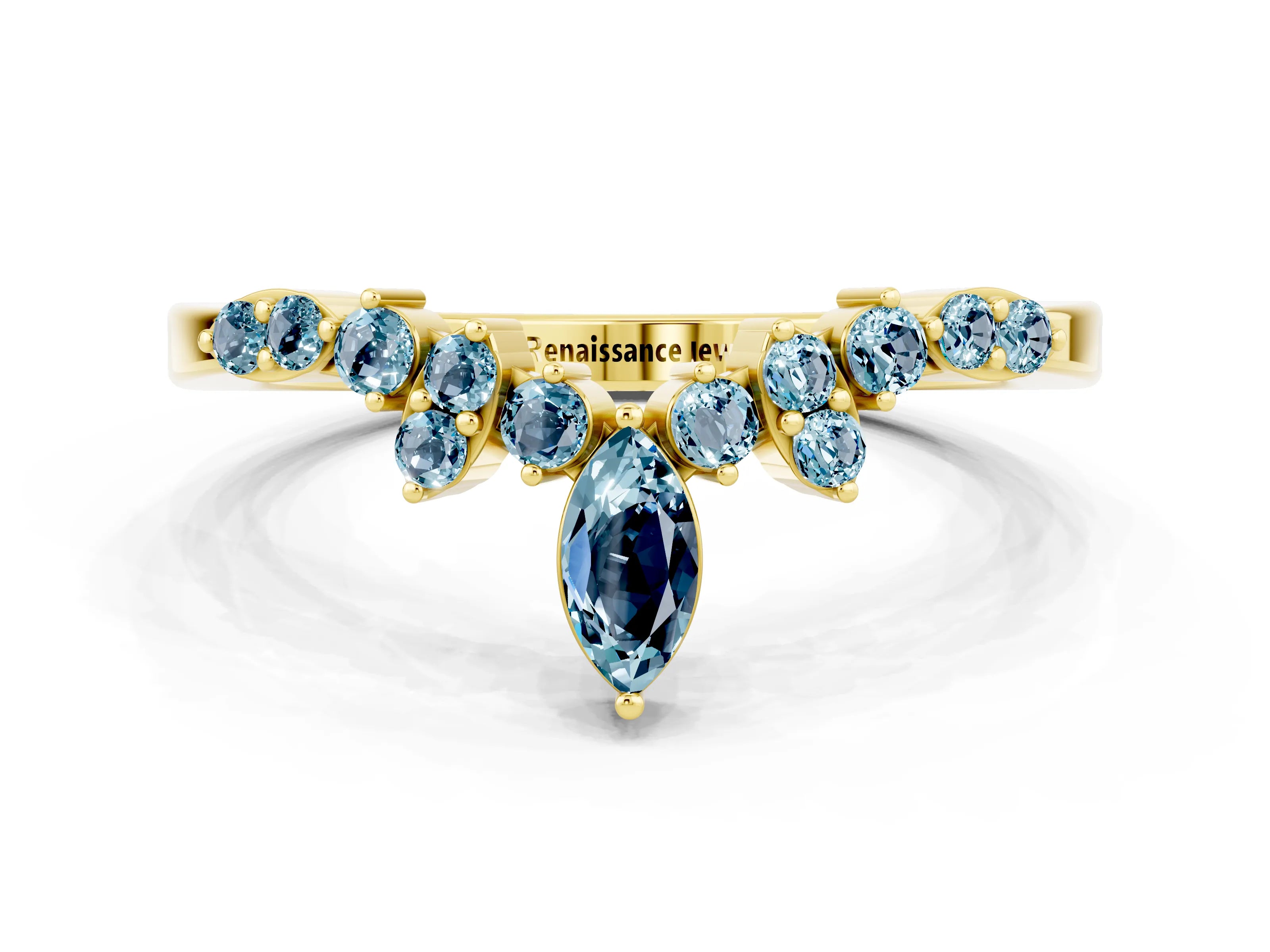 Yellow gold Marquise and Round Aquamarine Chevron Band with Prong Setting_6