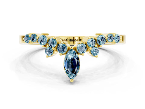 Yellow gold Marquise and Round Aquamarine Chevron Band with Prong Setting_6