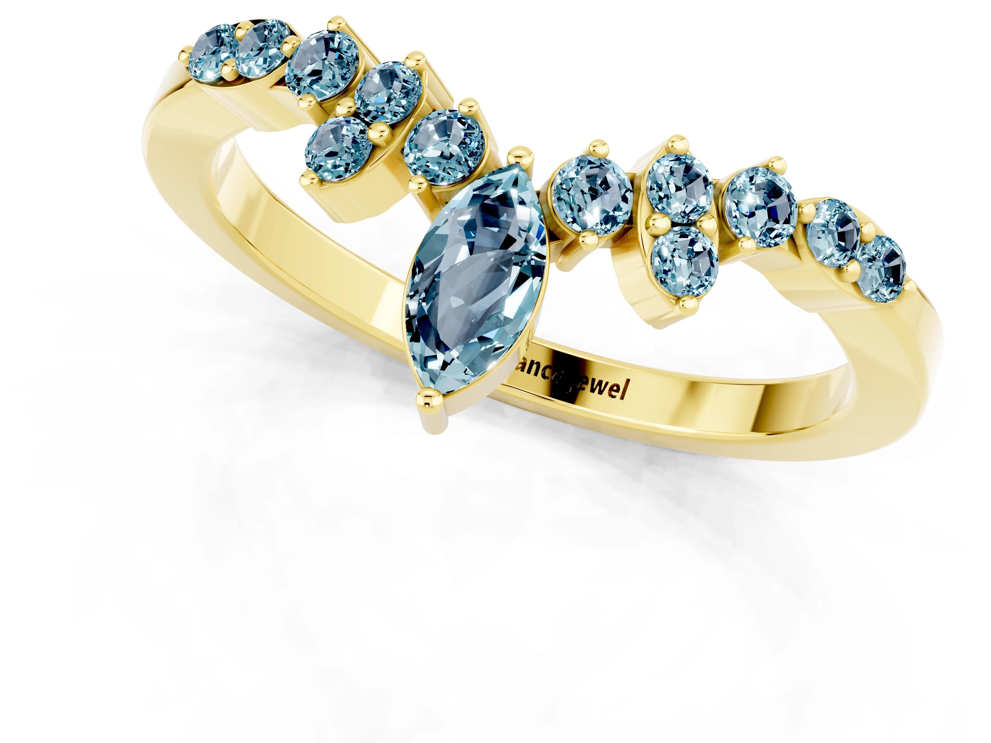 Yellow gold Marquise and Round Aquamarine Chevron Band with Prong Setting_7