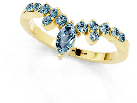 Yellow gold Marquise and Round Aquamarine Chevron Band with Prong Setting_7