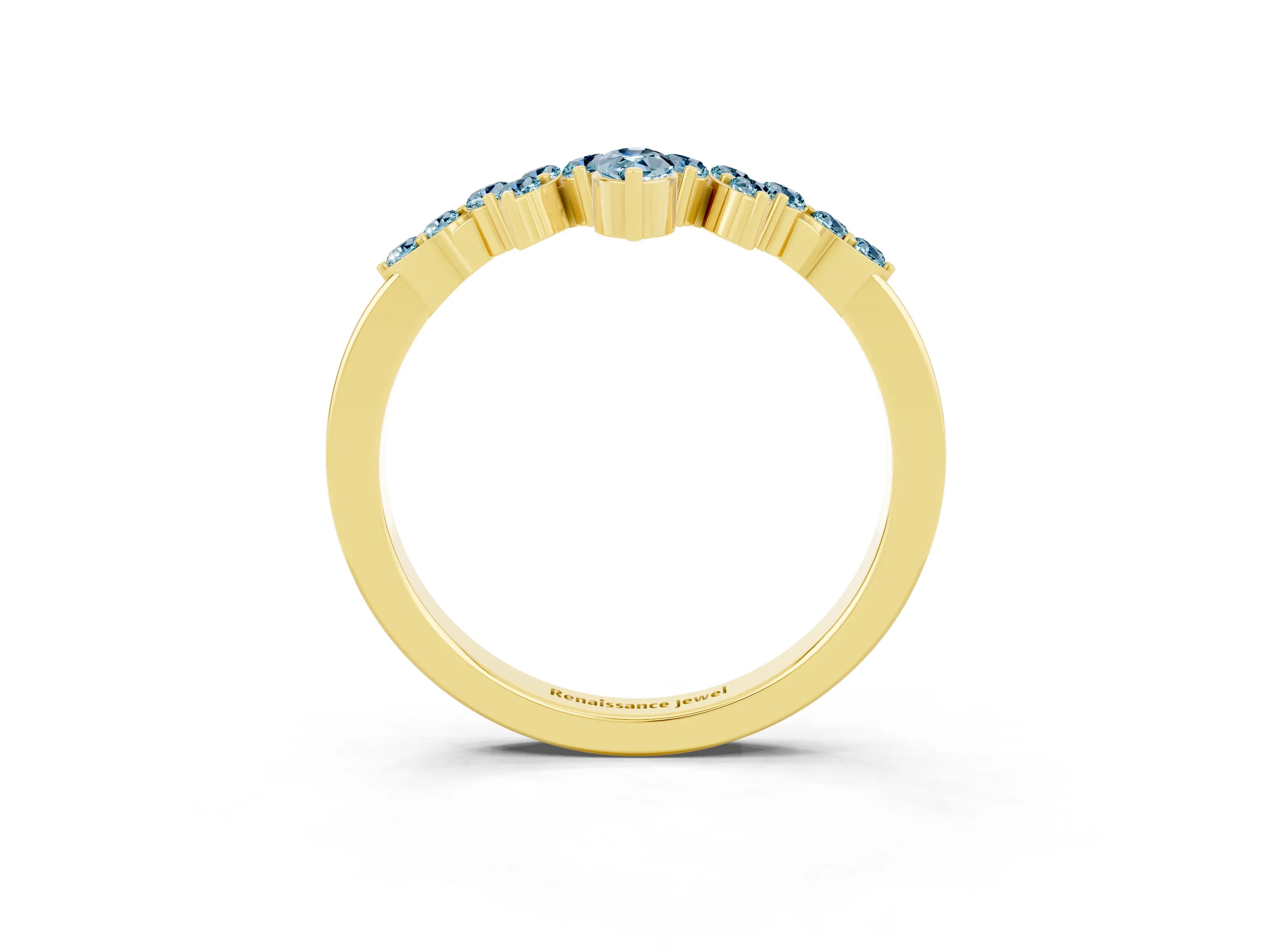 Yellow gold Marquise and Round Aquamarine Chevron Band with Prong Setting_9