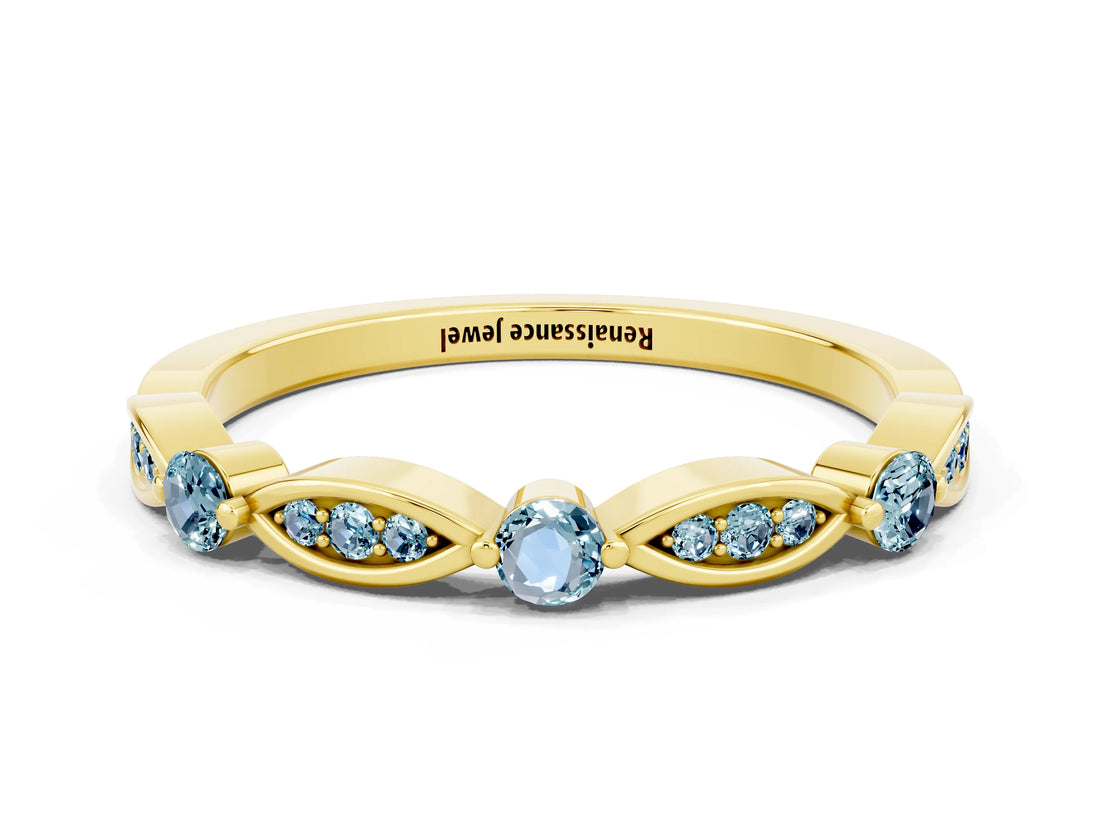 Yellow gold Marquise and Round Aquamarine Milgrain Band with Bezel Setting_6