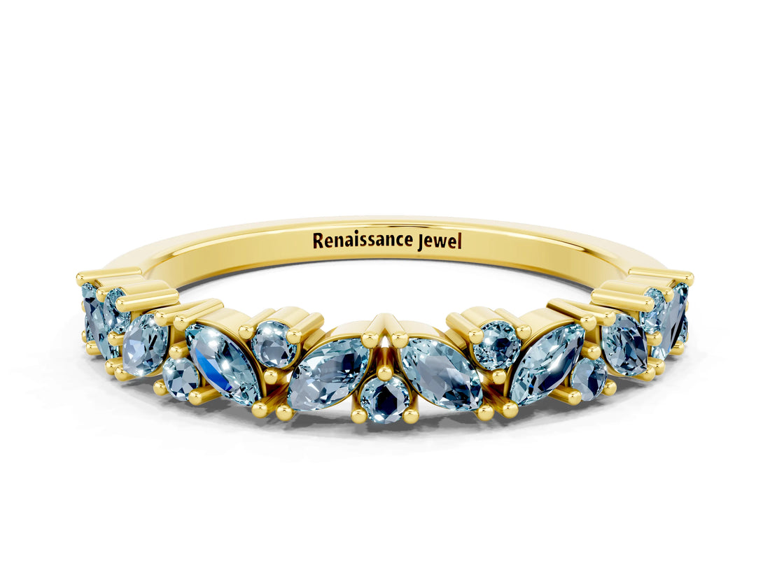 Yellow gold Marquise and Round Aquamarine Vine Eternity Band with Prong Setting_6