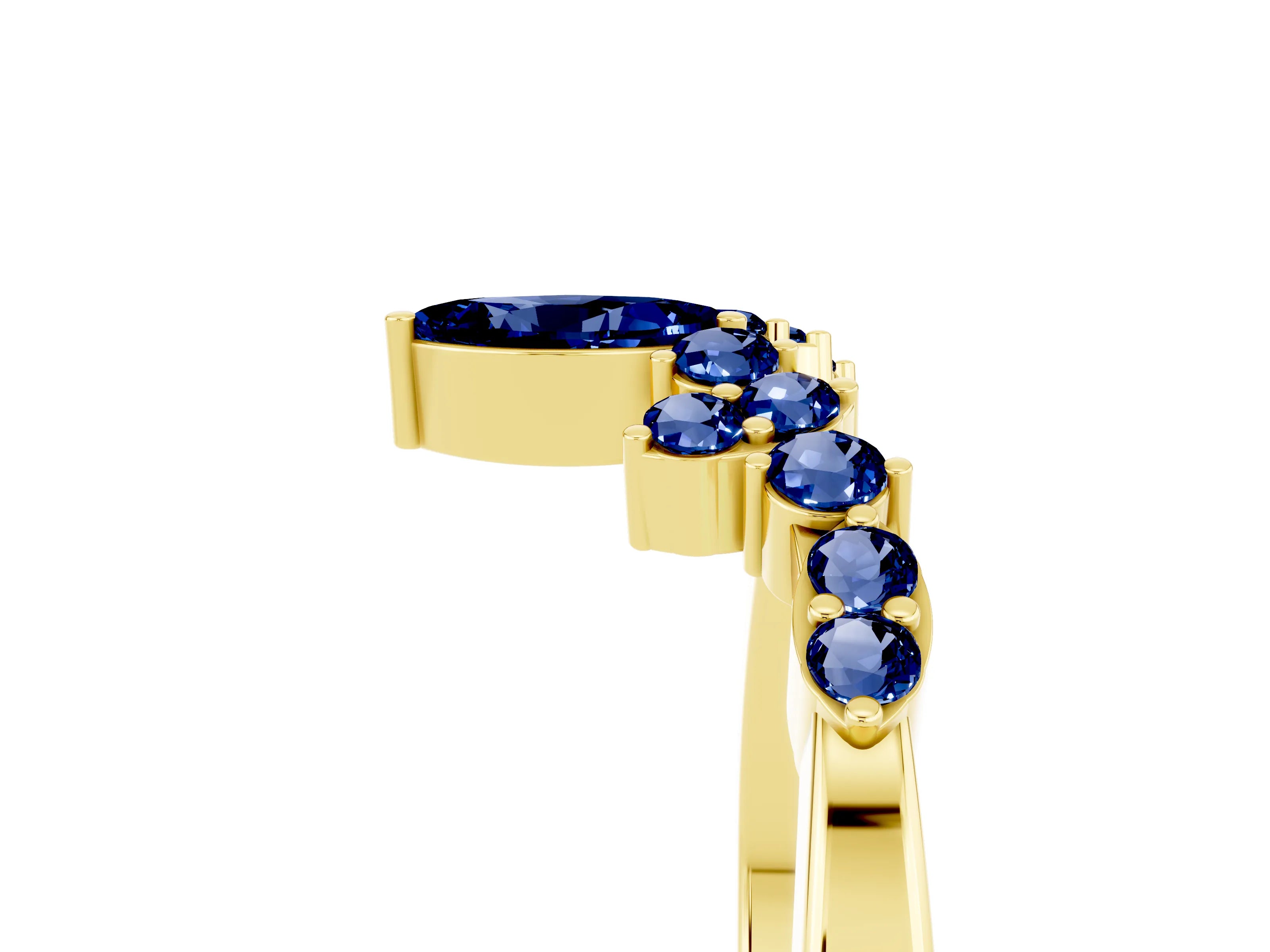 Yellow gold Marquise and Round Blue Sapphire Chevron Band with Prong Setting_11