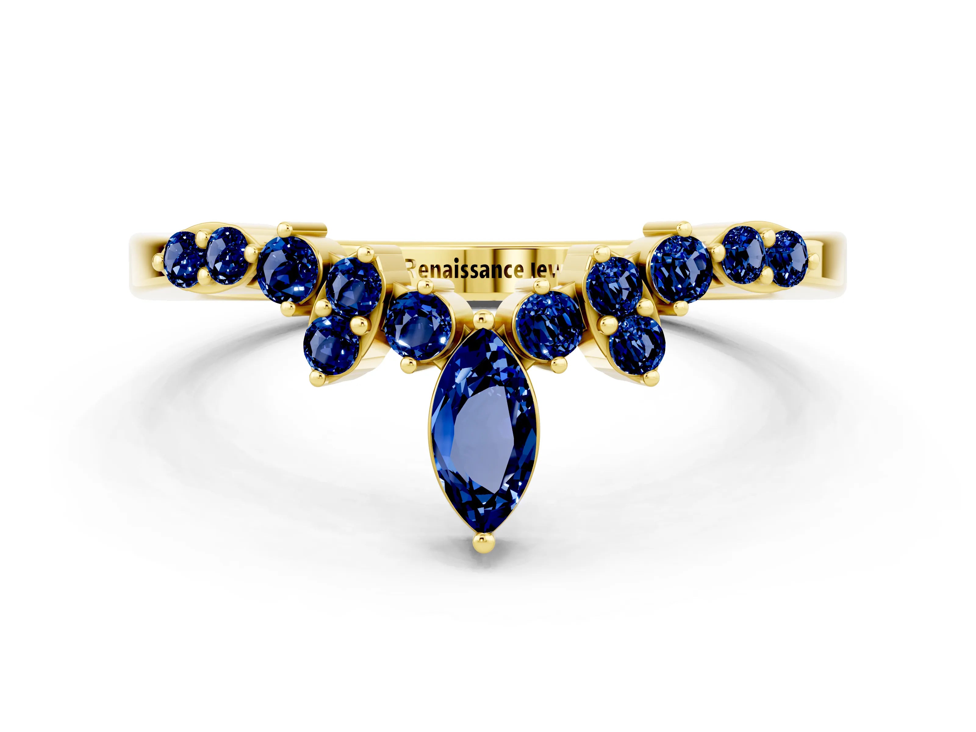 Yellow gold Marquise and Round Blue Sapphire Chevron Band with Prong Setting_6