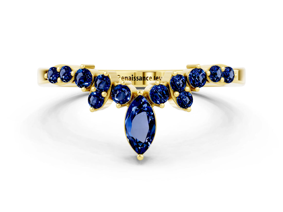 Yellow gold Marquise and Round Blue Sapphire Chevron Band with Prong Setting_6