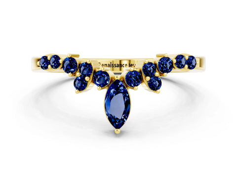 Yellow gold Marquise and Round Blue Sapphire Chevron Band with Prong Setting_6