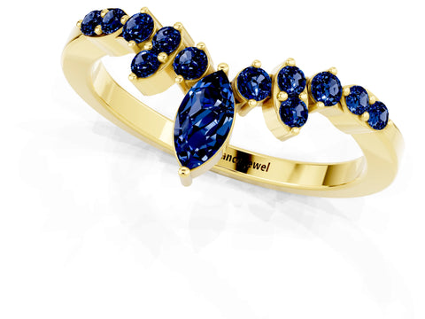 Yellow gold Marquise and Round Blue Sapphire Chevron Band with Prong Setting_7