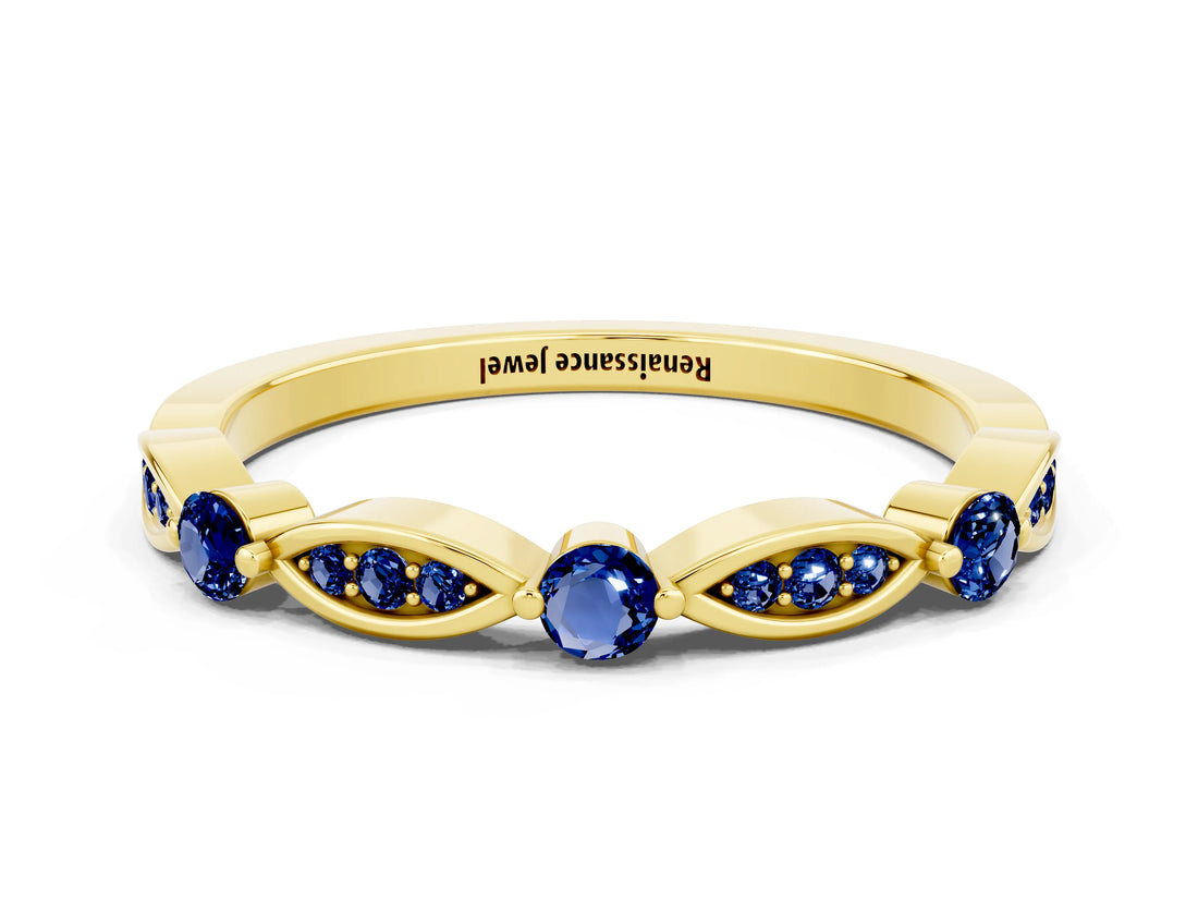 Yellow gold Marquise and Round Blue Sapphire Milgrain Band with Bezel Setting_6