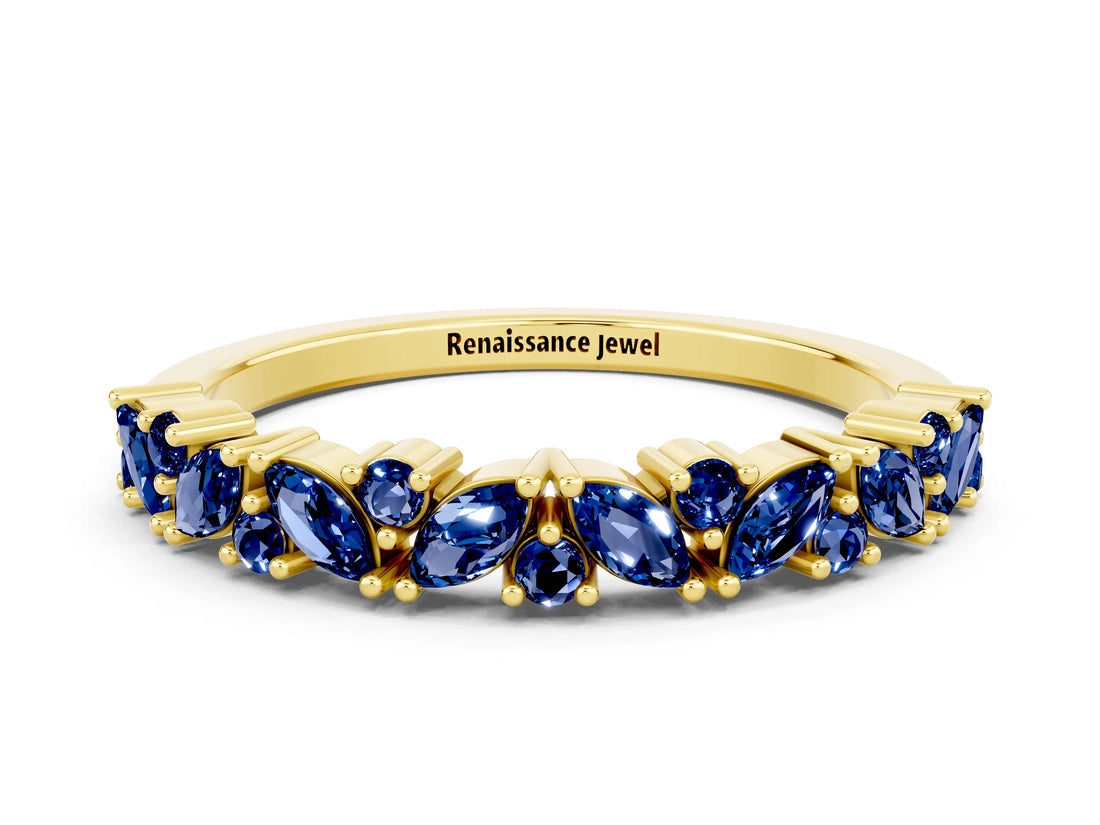 Yellow gold Marquise and Round Blue Sapphire Vine Eternity Band with Prong Setting_6