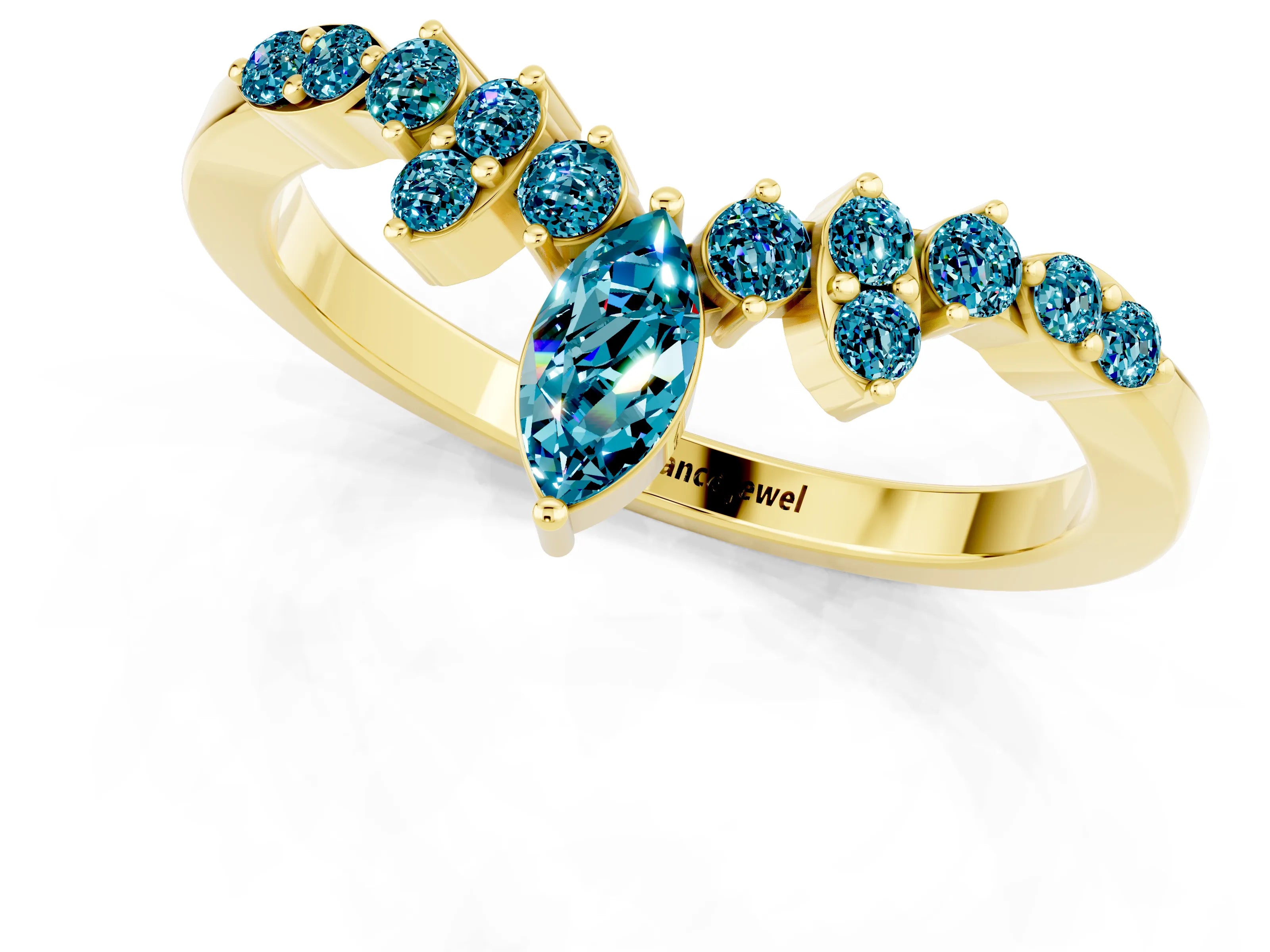 Yellow gold Marquise and Round Blue Topaz Chevron Band with Prong Setting_7
