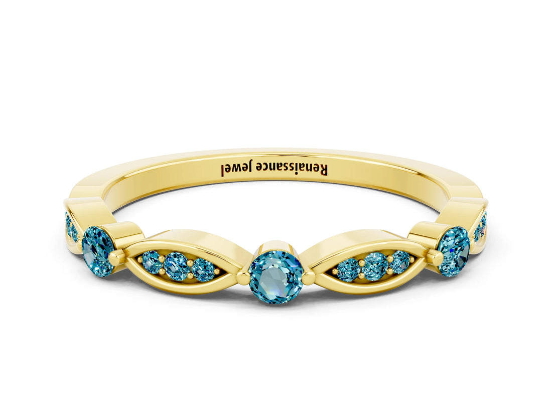 Yellow gold Marquise and Round Blue Topaz Milgrain Band with Bezel Setting_6