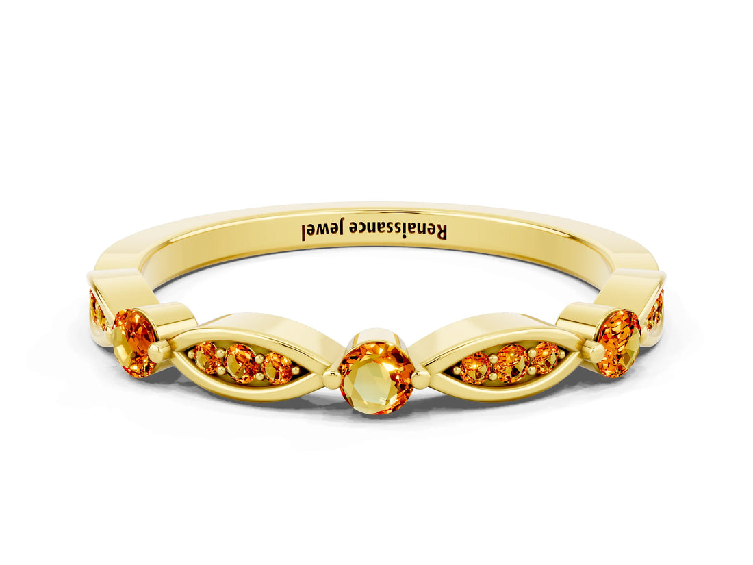 Yellow gold Marquise and Round Citrine Milgrain Band with Bezel Setting_6