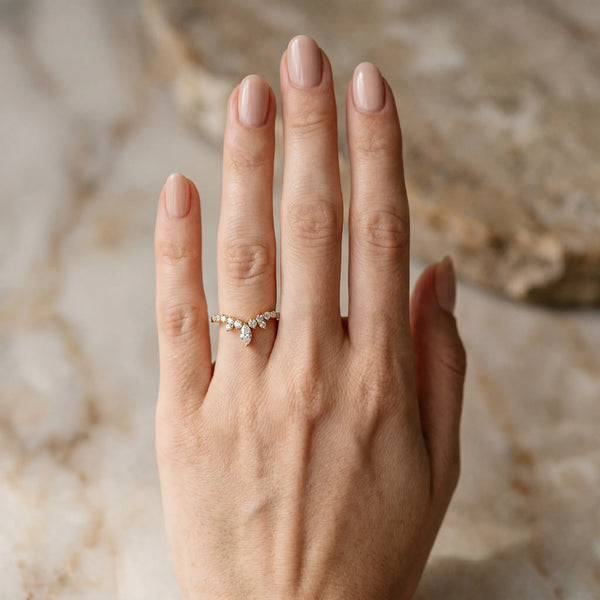 Yellow gold Marquise and Round Diamond Chevron Band with Prong Setting