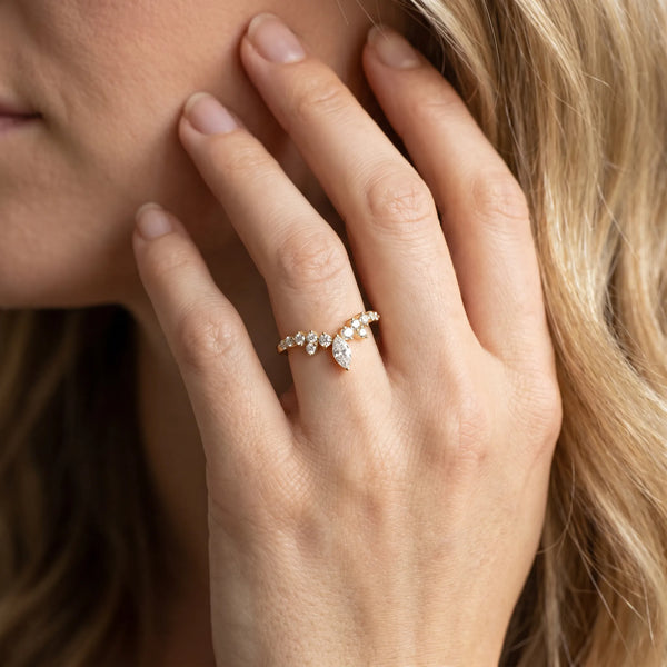 Yellow gold Marquise and Round Diamond Chevron Band with Prong Setting