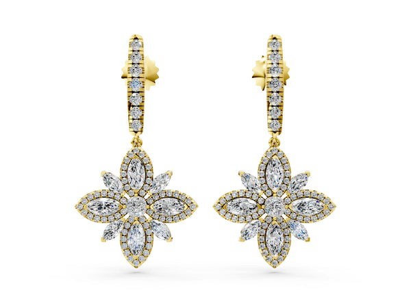 Yellow gold Marquise and Round Diamond Floral Huggie Drop Earrings