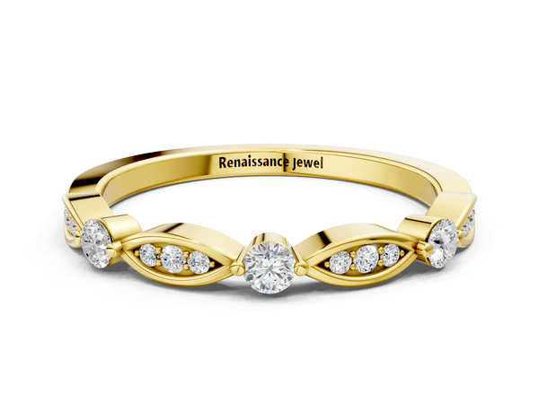 Yellow gold Marquise and Round Diamond Milgrain Band with Bezel Setting