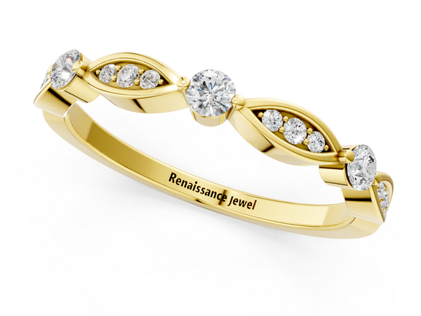 Yellow gold Marquise and Round Diamond Milgrain Band with Bezel Setting