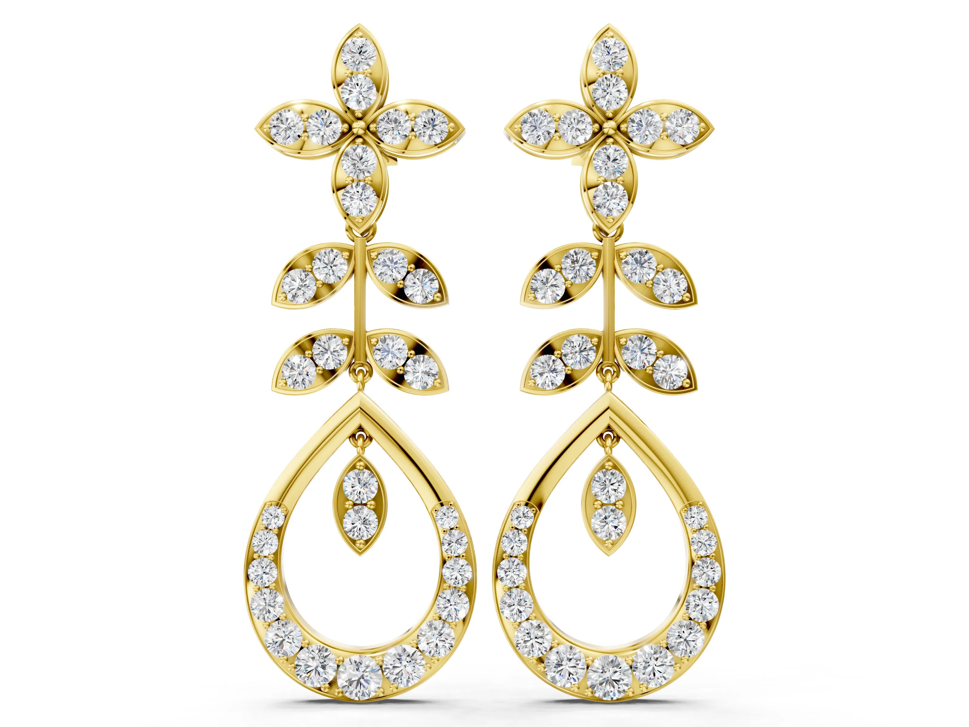 Yellow gold Marquise and Round Diamond Sparkling Dewdrop Drop Earrings