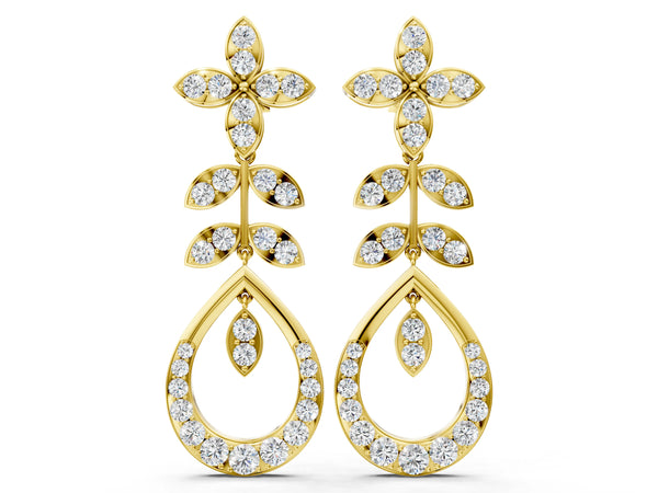 Yellow gold Marquise and Round Diamond Sparkling Dewdrop Drop Earrings