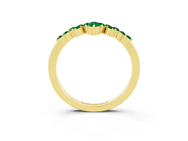 Yellow Gold Marquise and Round Lab-Grown Emerald Chevron Curved Wedding Band