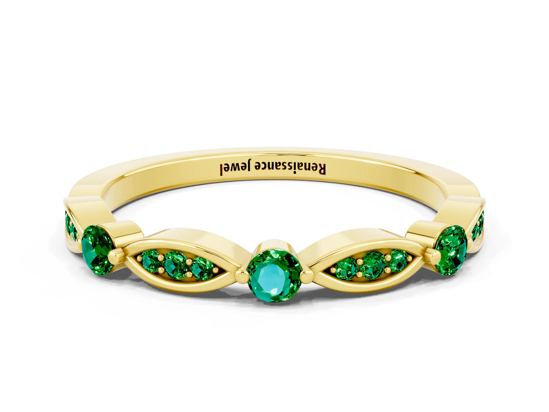 Yellow gold Marquise and Round Emerald Milgrain Band with Bezel Setting_6