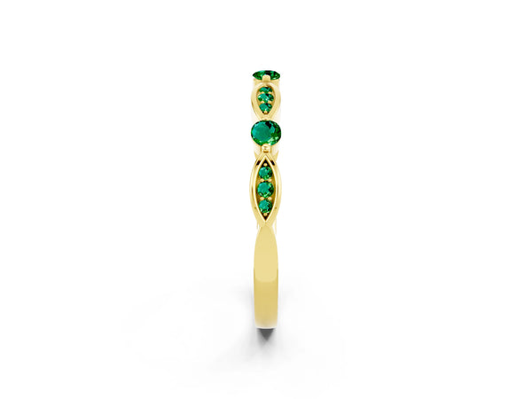 Yellow Gold Round Lab-Grown Emerald Alternating Wedding Band with Marquise Frames