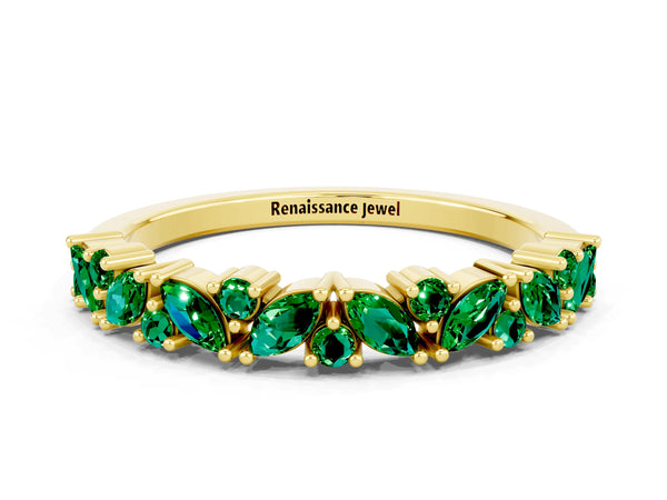 Yellow Gold Marquise and Round Lab-Grown Emerald Vine Half Eternity Wedding Band