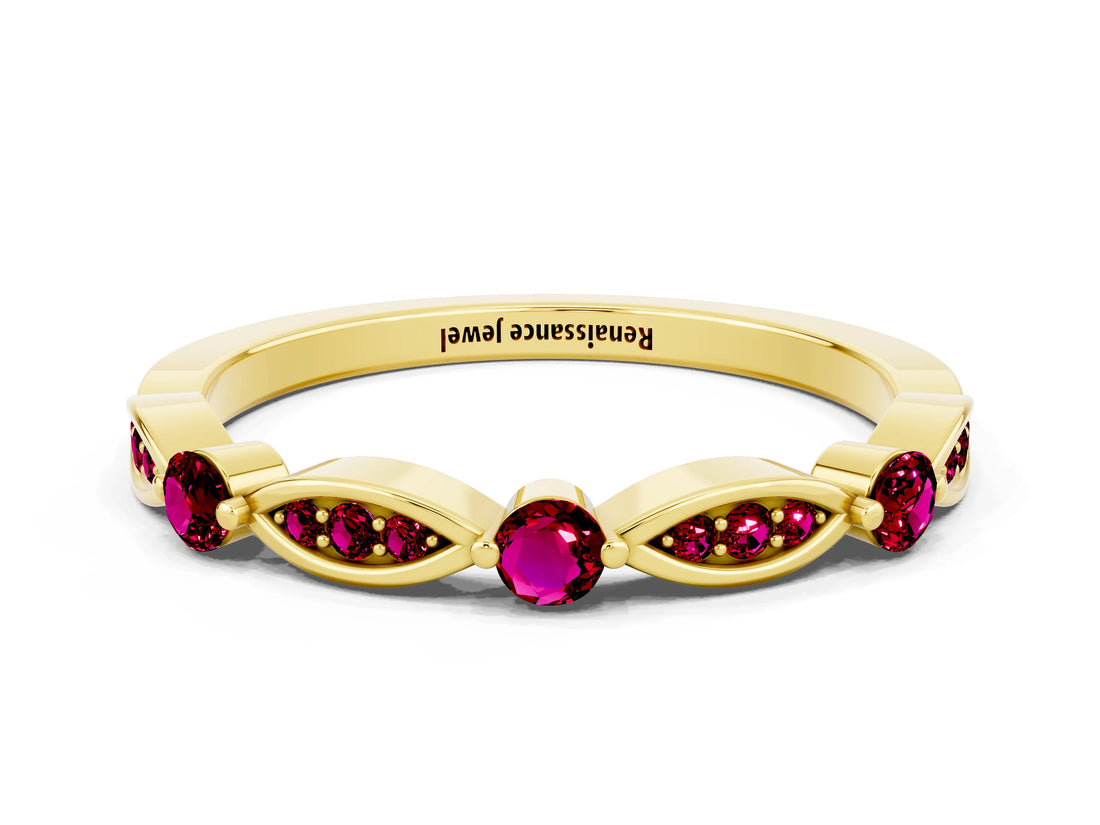 Yellow gold Marquise and Round Garnet Milgrain Band with Bezel Setting_6