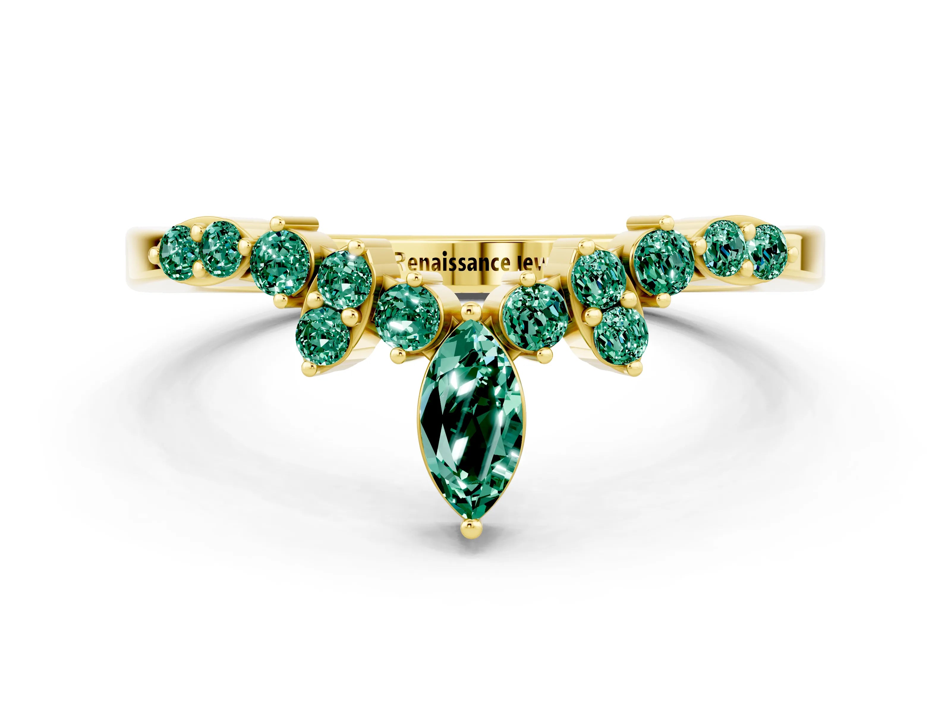 Yellow gold Marquise and Round Green Sapphire Chevron Band with Prong Setting_6