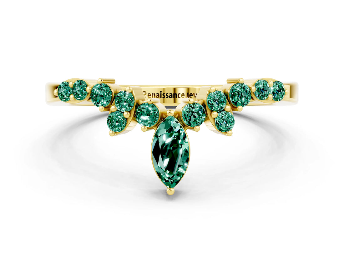 Yellow gold Marquise and Round Green Sapphire Chevron Band with Prong Setting_6