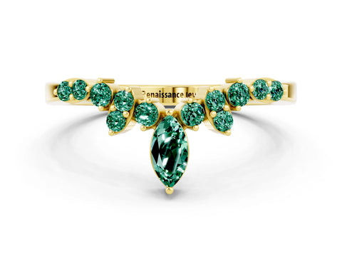 Yellow gold Marquise and Round Green Sapphire Chevron Band with Prong Setting_6