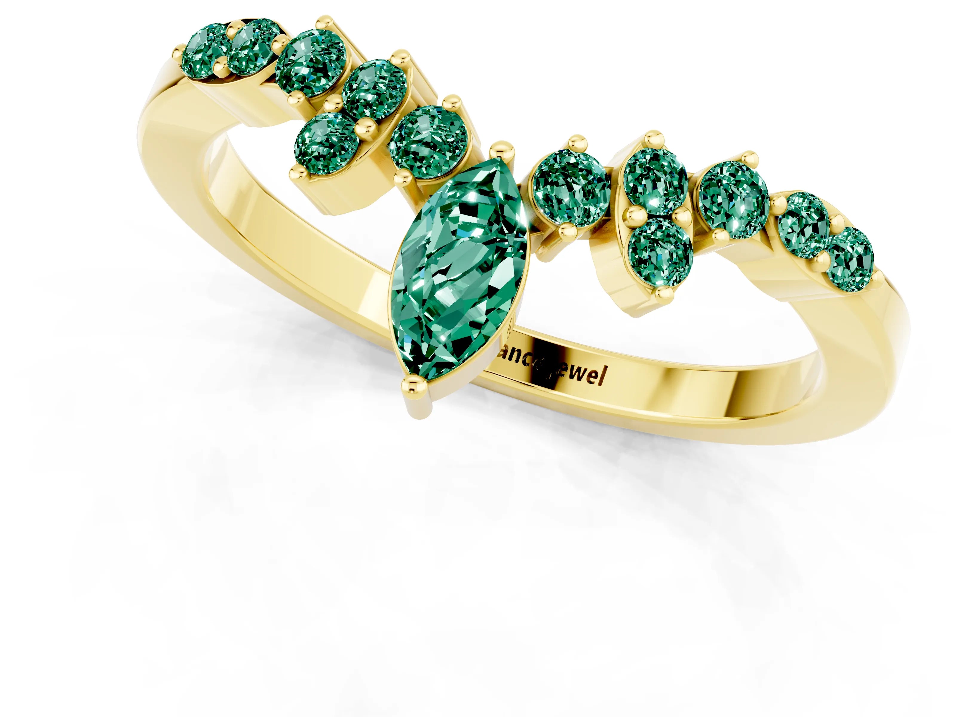 Yellow gold Marquise and Round Green Sapphire Chevron Band with Prong Setting_7