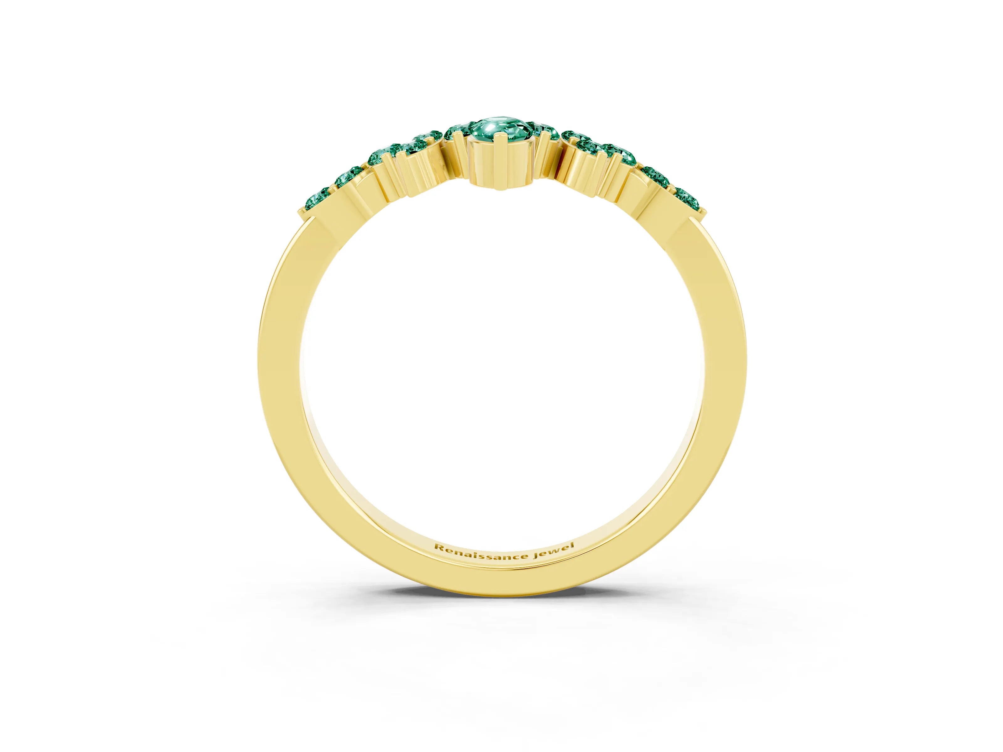 Yellow gold Marquise and Round Green Sapphire Chevron Band with Prong Setting_9